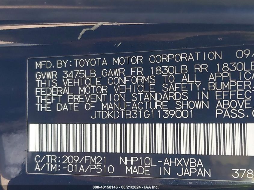 JTDKDTB31G1139001 2016 Toyota Prius C