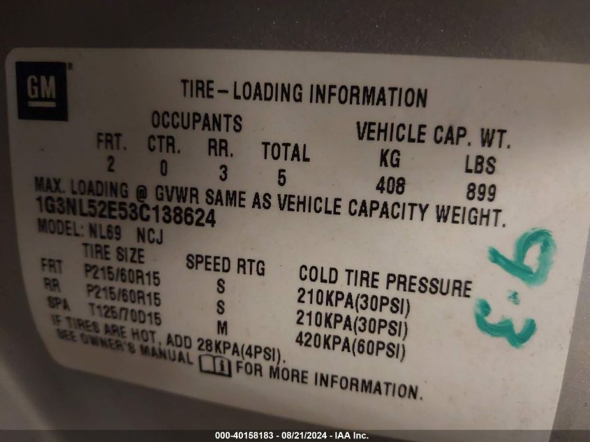 1G3NL52E53C138624 2003 Oldsmobile Alero Gl1