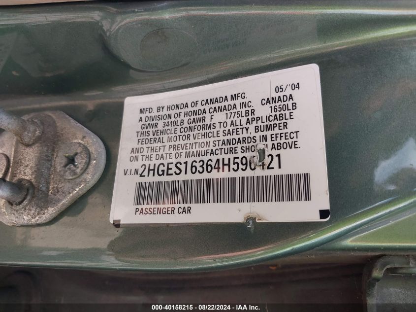 2004 Honda Civic Vp VIN: 2HGES16364H596421 Lot: 40158215