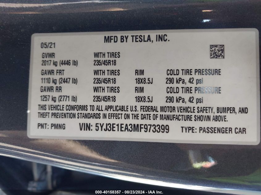 2021 Tesla Model 3 Standard Range Plus Rear-Wheel Drive VIN: 5YJ3E1EA3MF973399 Lot: 40158357