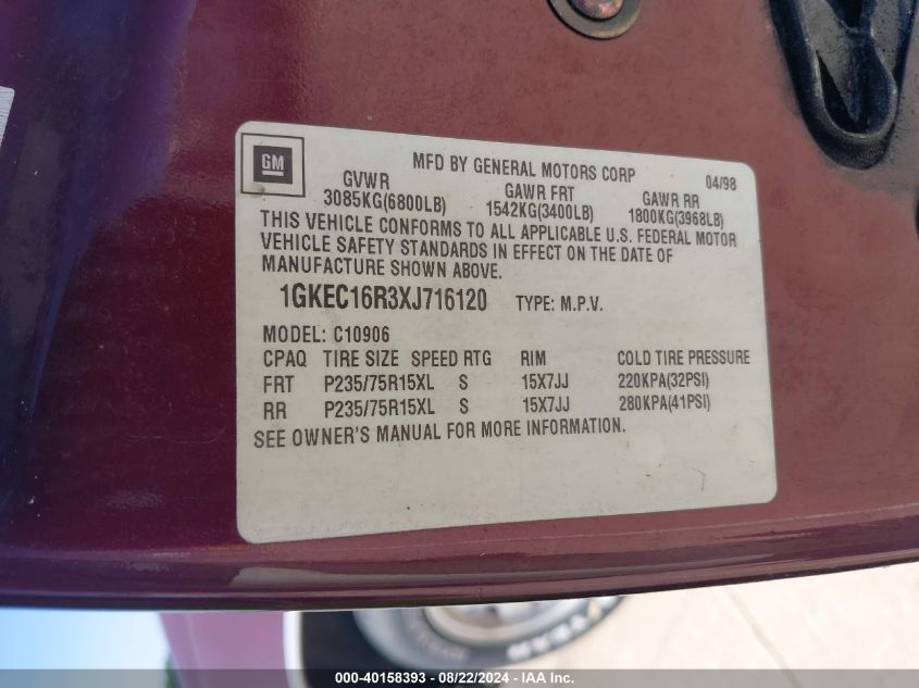 1999 GMC Suburban 1500 Sl VIN: 1GKEC16R3XJ716120 Lot: 40158393