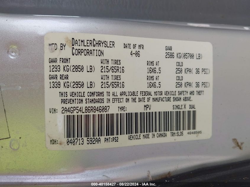 2006 Chrysler Town & Country Touring VIN: 2A4GP54L86R846087 Lot: 40158427