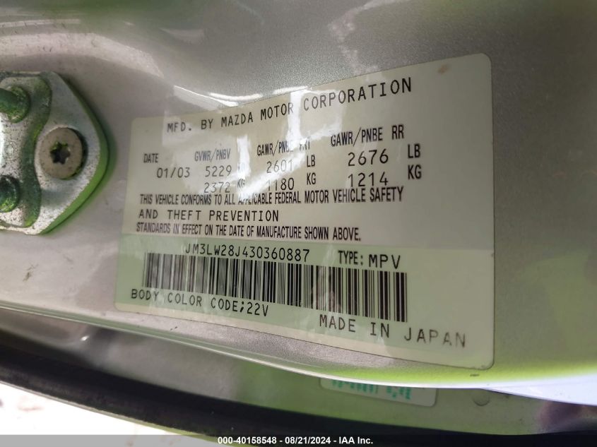 2003 Mazda Mpv Es/Lx/Lx-Sv VIN: JM3LW28J430360887 Lot: 40158548