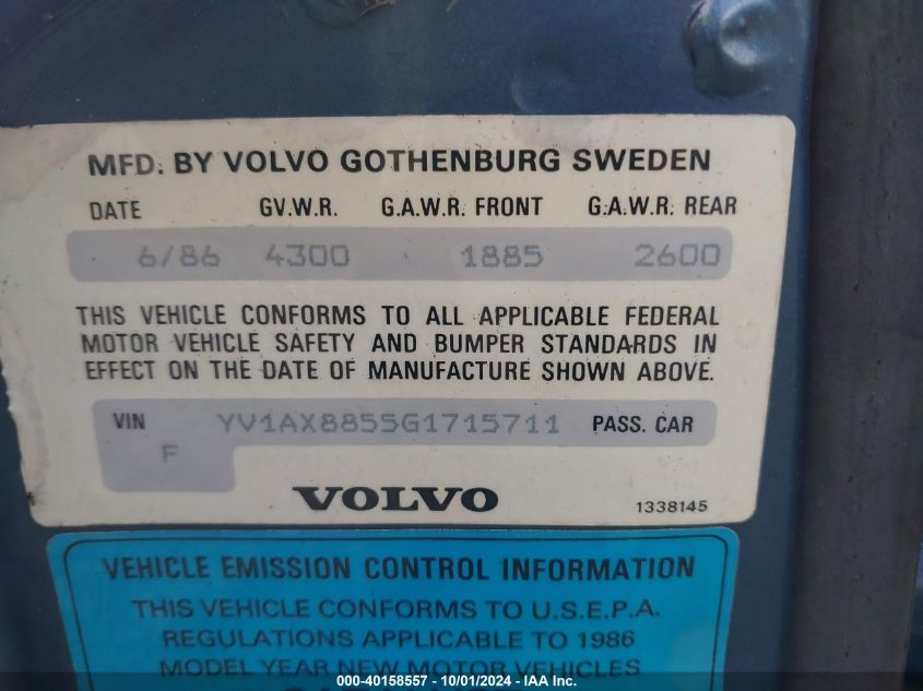 1986 Volvo 245 Dl/Gl VIN: YV1AX8855G1715711 Lot: 40158557