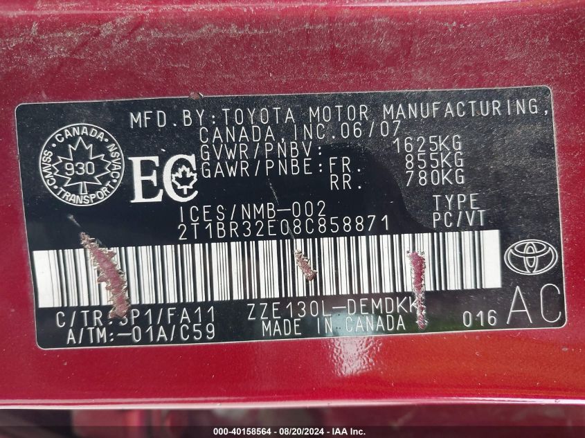 2008 Toyota Corolla Ce VIN: 2T1BR32E08C858871 Lot: 40158564