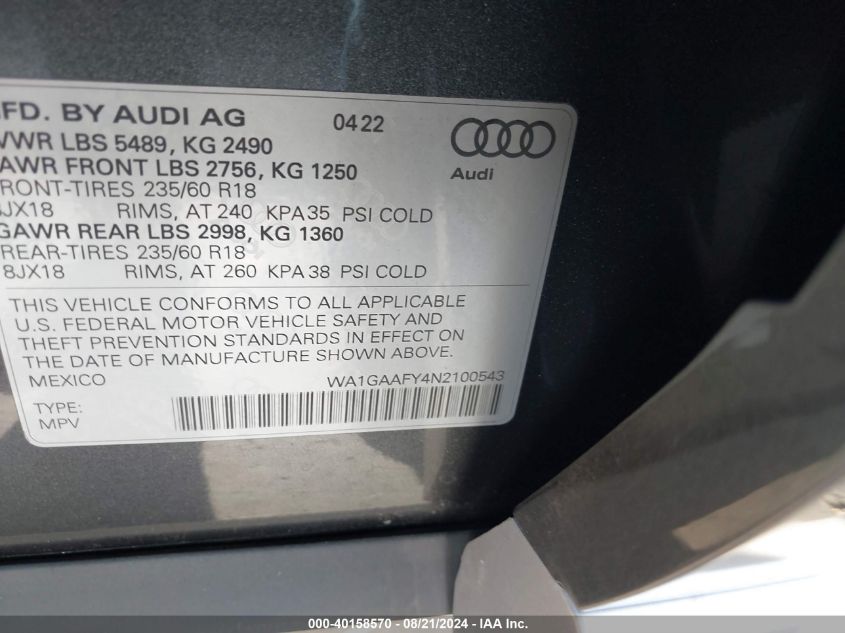 2022 Audi Q5 Premium 45 Tfsi S Line Quattro S Tronic VIN: WA1GAAFY4N2100543 Lot: 40158570