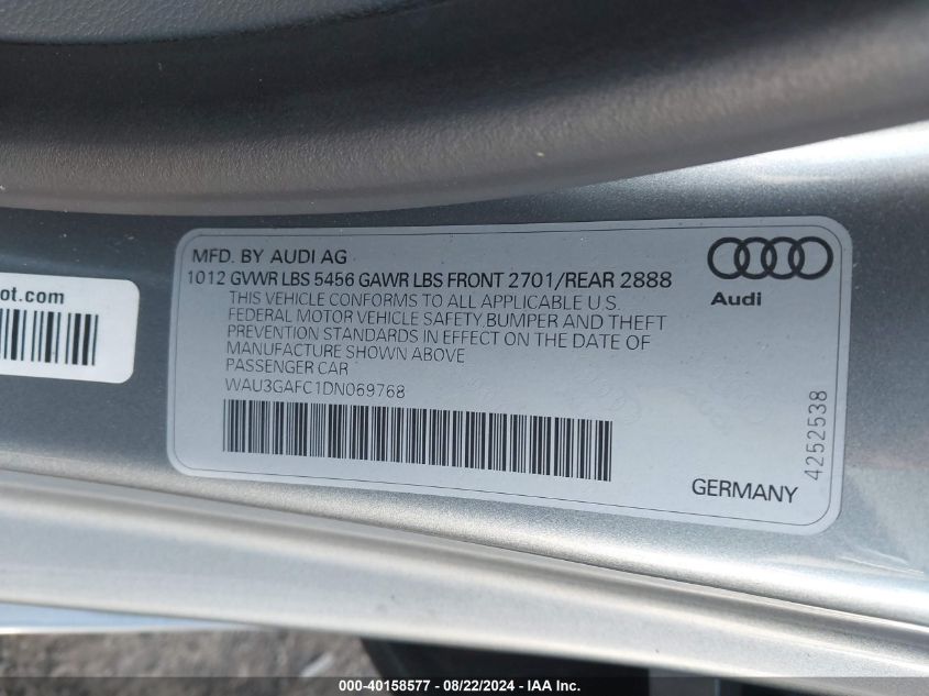 2013 Audi A7 3.0T Premium VIN: WAU3GAFC1DN069768 Lot: 40158577