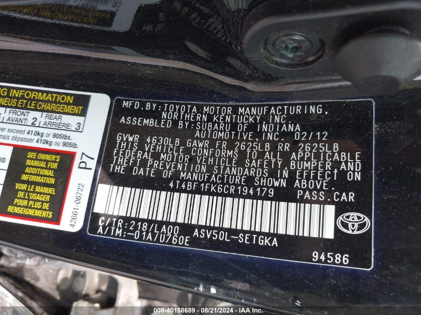 4T4BF1FK6CR194179 2012 Toyota Camry Xle