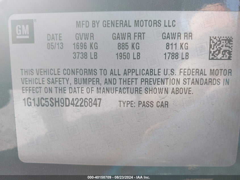 2013 Chevrolet Sonic Lt Auto VIN: 1G1JC5SH9D4226847 Lot: 40158709