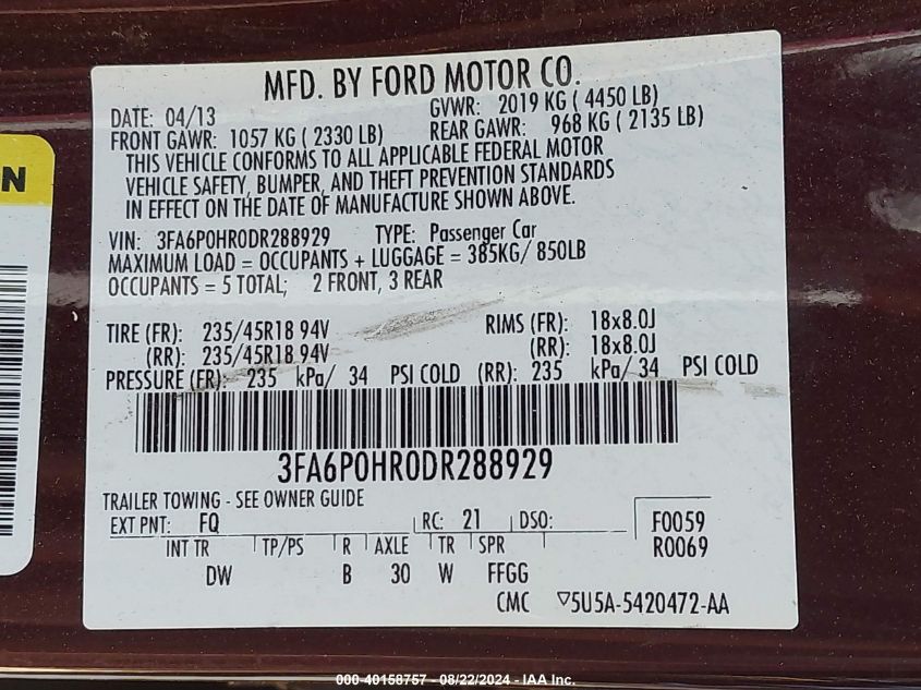 2013 Ford Fusion Se VIN: 3FA6P0HR0DR288929 Lot: 40158757