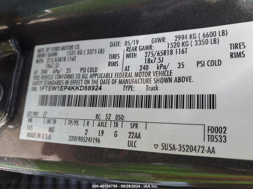 VIN 1FTEW1EP4KKD88924 2019 FORD F-150 XLT