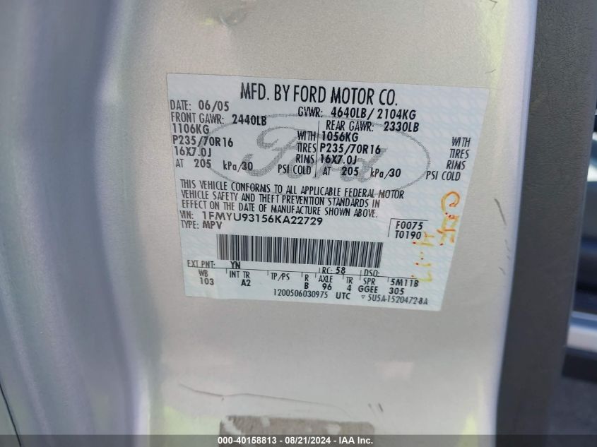 2006 Ford Escape Xlt/Xlt Sport VIN: 1FMYU93156KA22729 Lot: 40158813