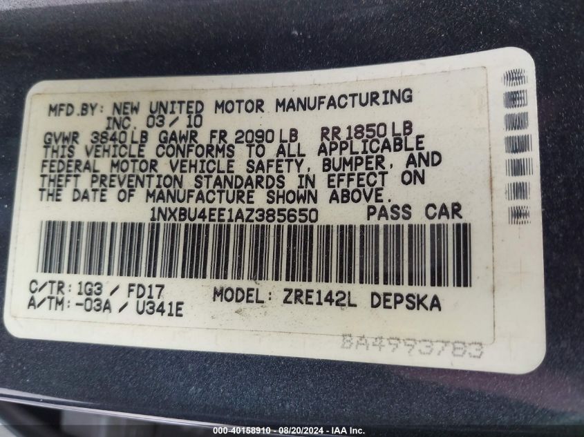 2010 Toyota Corolla S VIN: 1NXBU4EE1AZ385650 Lot: 40158910