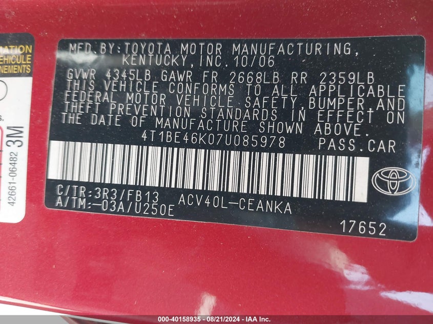 2007 Toyota Camry Le VIN: 4T1BE46K07U085978 Lot: 40158935