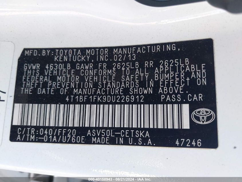 2013 Toyota Camry Se VIN: 4T1BF1FK9DU226912 Lot: 40158943