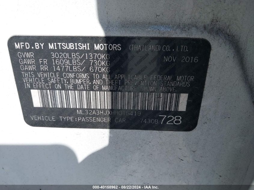 2017 Mitsubishi Mirage Es VIN: ML32A3HJXHH016419 Lot: 40158962