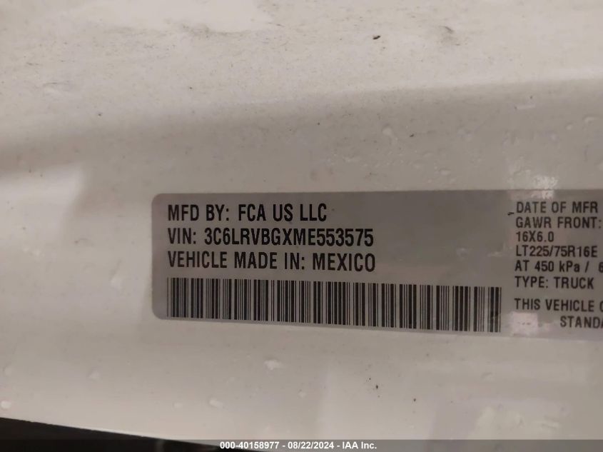 2021 Ram Promaster 1500 High Roof 136 Wb VIN: 3C6LRVBGXME553575 Lot: 40158977