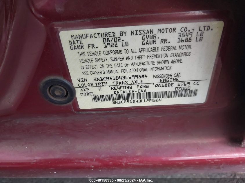 2003 Nissan Sentra Xe VIN: 3N1CB51D43L699584 Lot: 40158995