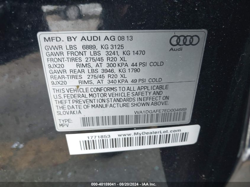 2014 Audi Q7 3.0T S Line Prestige VIN: WA1DGAFE7ED004689 Lot: 40159041