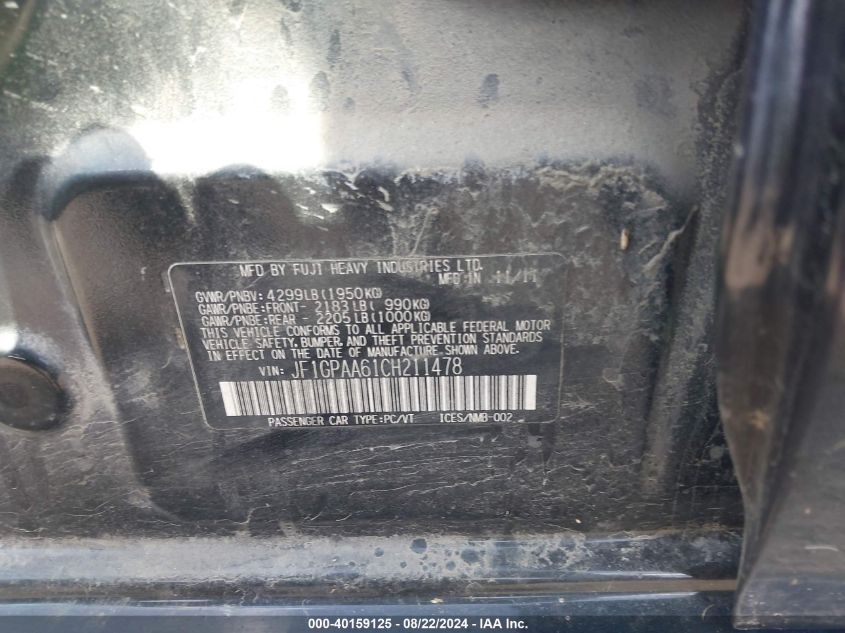 2012 Subaru Impreza 2.0I VIN: JF1GPAA61CH211478 Lot: 40159125