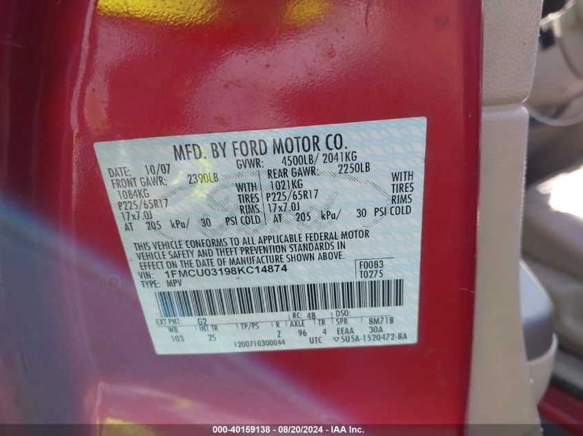 2008 Ford Escape Xlt VIN: 1FMCU03198KC14874 Lot: 40159138