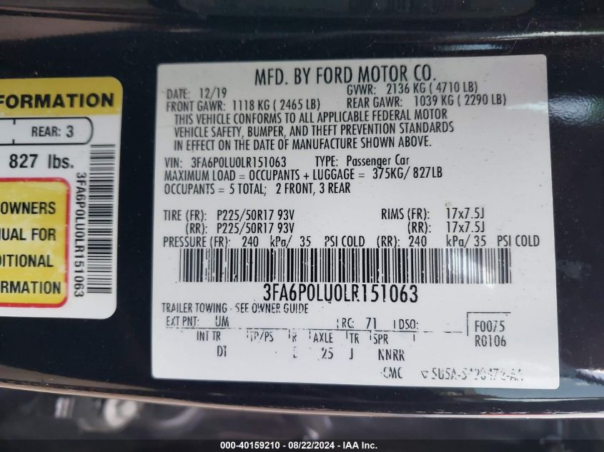 2020 Ford Fusion Hybrid Se VIN: 3FA6P0LU0LR151063 Lot: 40159210