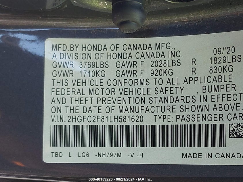 VIN 2HGFC2F81LH581620 2020 HONDA CIVIC SPORT