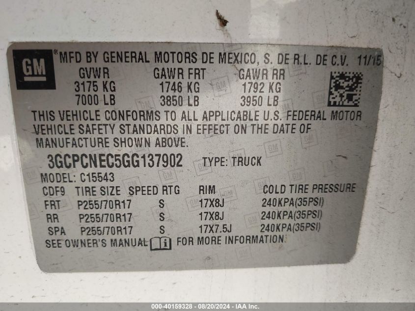 3GCPCNEC5GG137902 2016 Chevrolet Silverado 1500 Wt