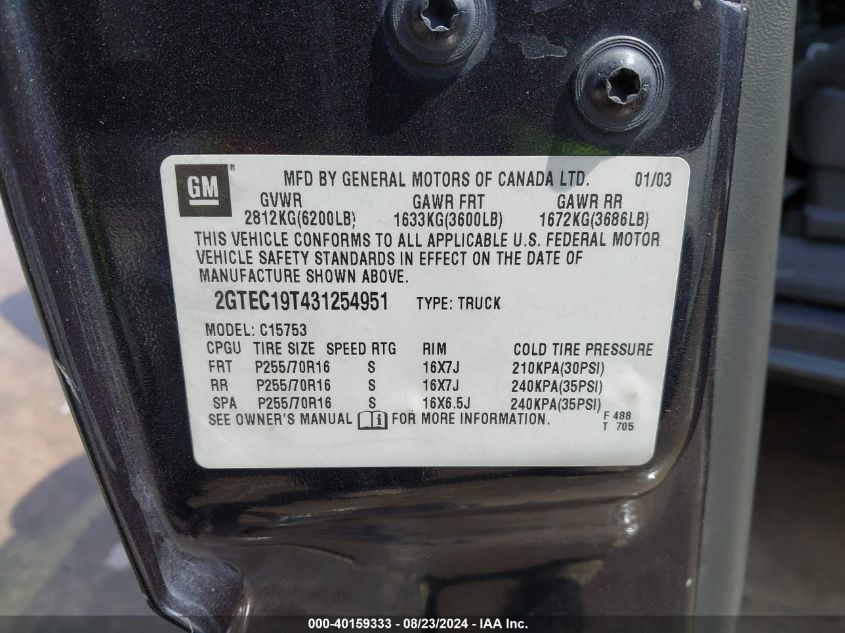 2003 GMC Sierra 1500 Sle VIN: 2GTEC19T431254951 Lot: 40159333