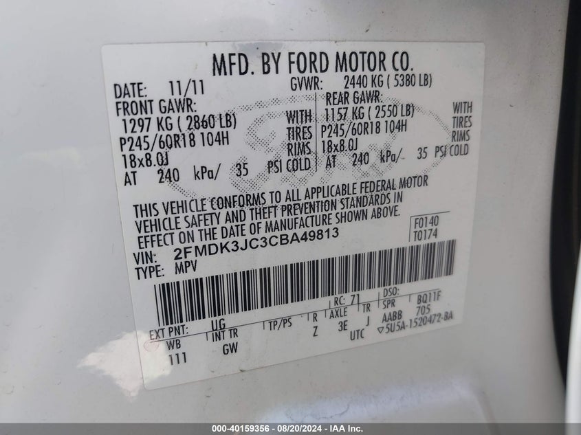 2012 Ford Edge Sel VIN: 2FMDK3JC3CBA49813 Lot: 40159356