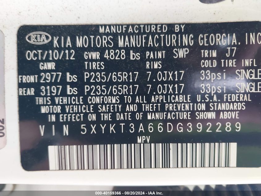 2013 Kia Sorento Lx VIN: 5XYKT3A66DG392289 Lot: 40159366