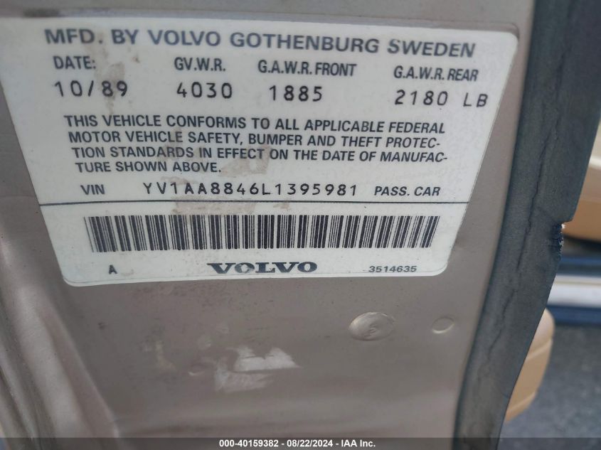 1990 Volvo 240 Dl VIN: YV1AA8846L1395981 Lot: 40159382