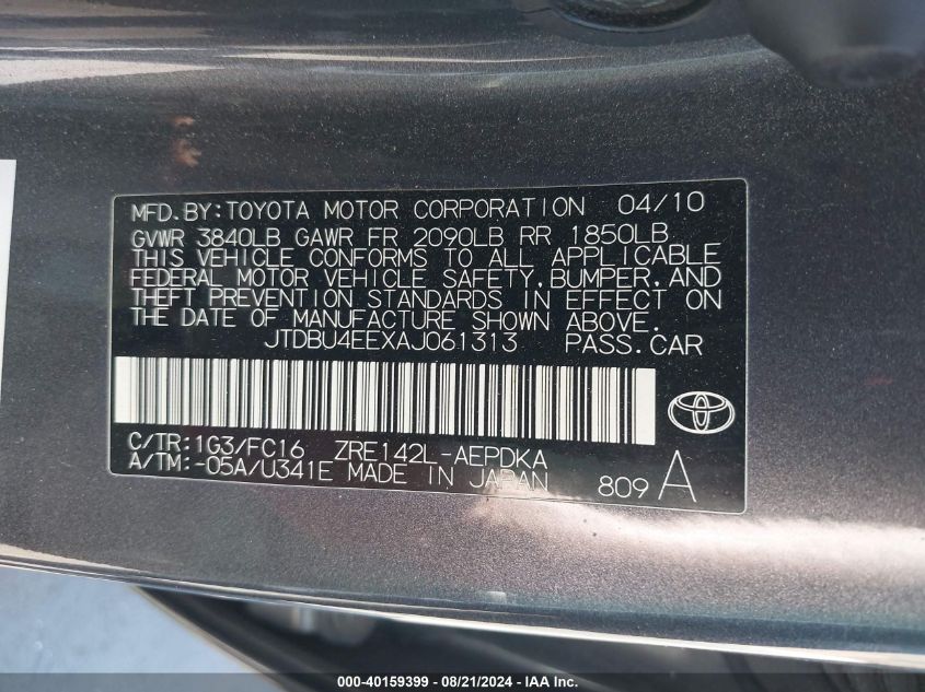 2010 Toyota Corolla Le VIN: JTDBU4EEXAJ061313 Lot: 40159399