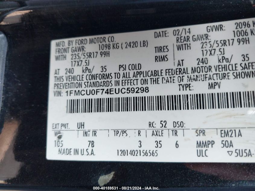 2014 Ford Escape S VIN: 1FMCU0F74EUC59298 Lot: 40159531