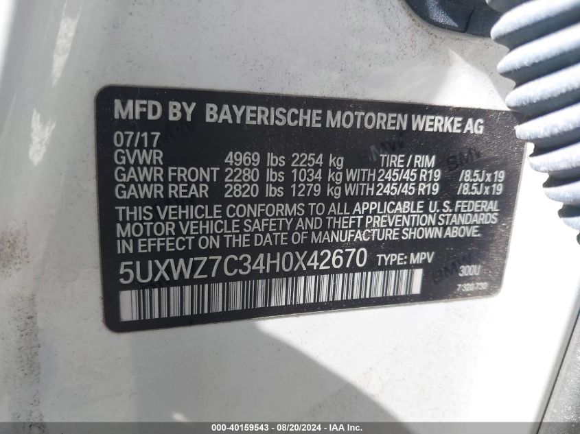 5UXWZ7C34H0X42670 2017 BMW X3 Sdrive28I