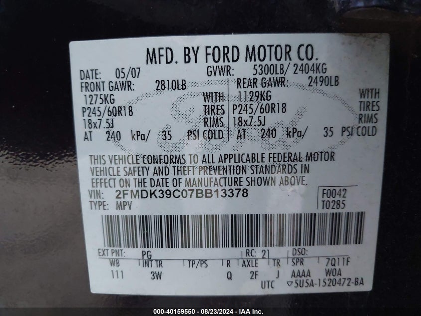2007 Ford Edge Sel Plus VIN: 2FMDK39C07BB13378 Lot: 40159550