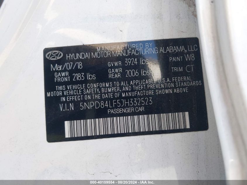 2018 Hyundai Elantra Sel VIN: 5NPD84LF5JH332523 Lot: 40159554