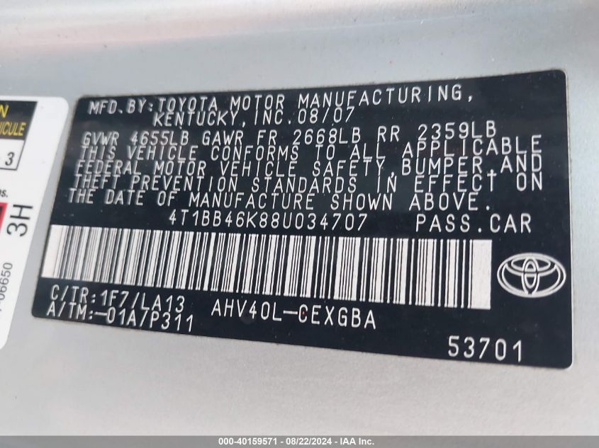 4T1BB46K88U034707 2008 Toyota Camry Hybrid