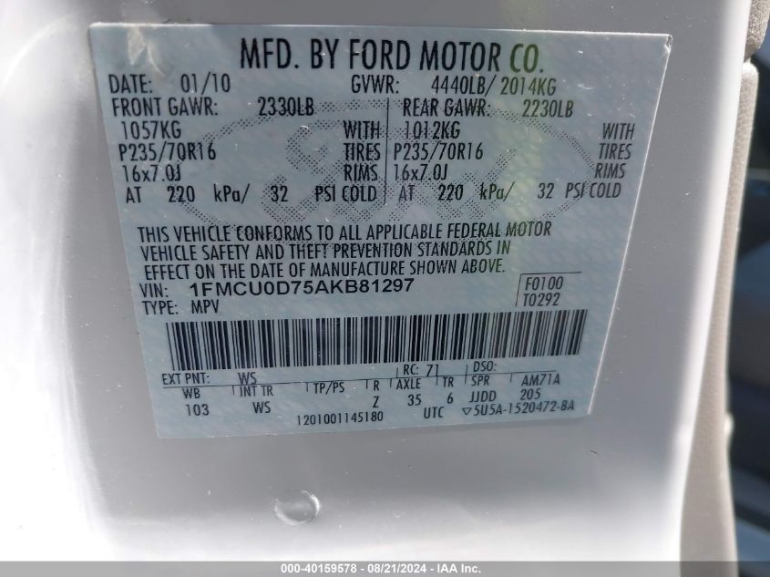 2010 Ford Escape Xlt VIN: 1FMCU0D75AKB81297 Lot: 40159578