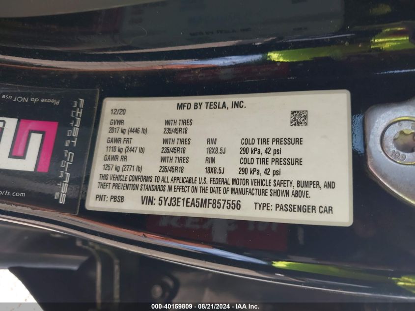 2021 Tesla Model 3 VIN: 5YJ3E1EA5MF857556 Lot: 40159809