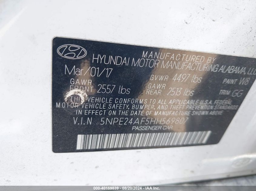 5NPE24AF5HH569807 2017 Hyundai Sonata