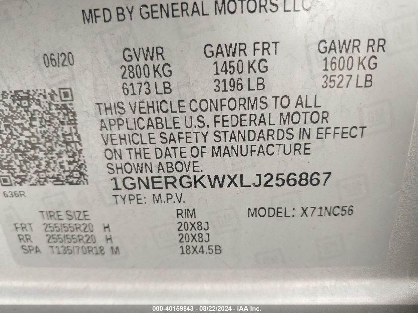 2020 Chevrolet Traverse Fwd Lt Cloth VIN: 1GNERGKWXLJ256867 Lot: 40159843