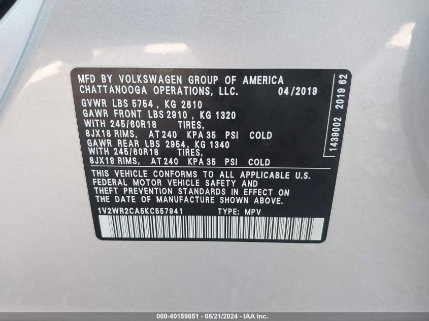 1V2WR2CA5KC557941 2019 Volkswagen Atlas Se