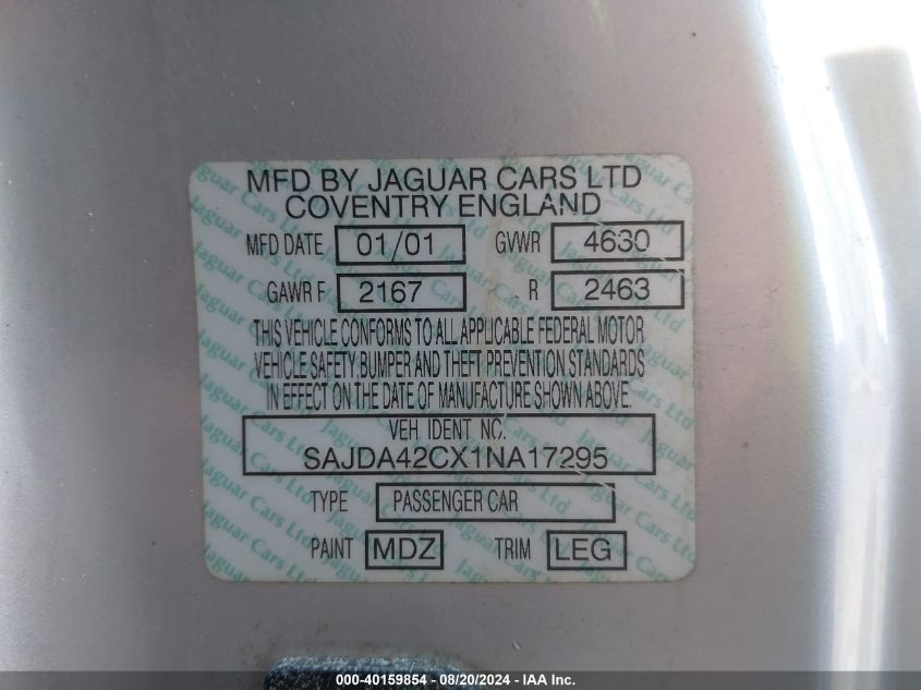2001 Jaguar Xk8 VIN: SAJDA42CX1NA17295 Lot: 40159854