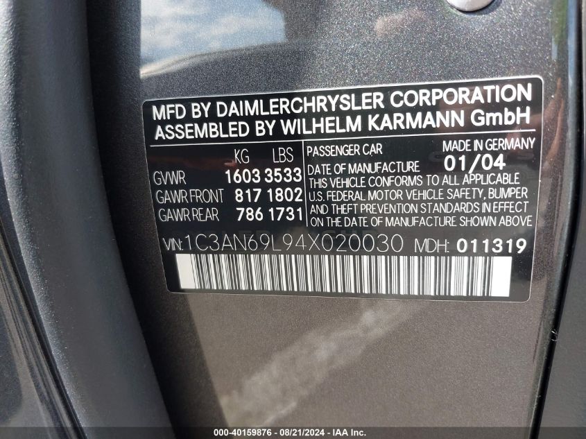 2004 Chrysler Crossfire VIN: 1C3AN69L94X020030 Lot: 40159876