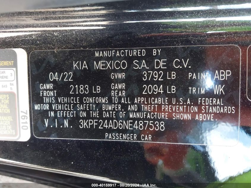 2022 Kia Forte Lxs VIN: 3KPF24AD6NE487538 Lot: 40159917