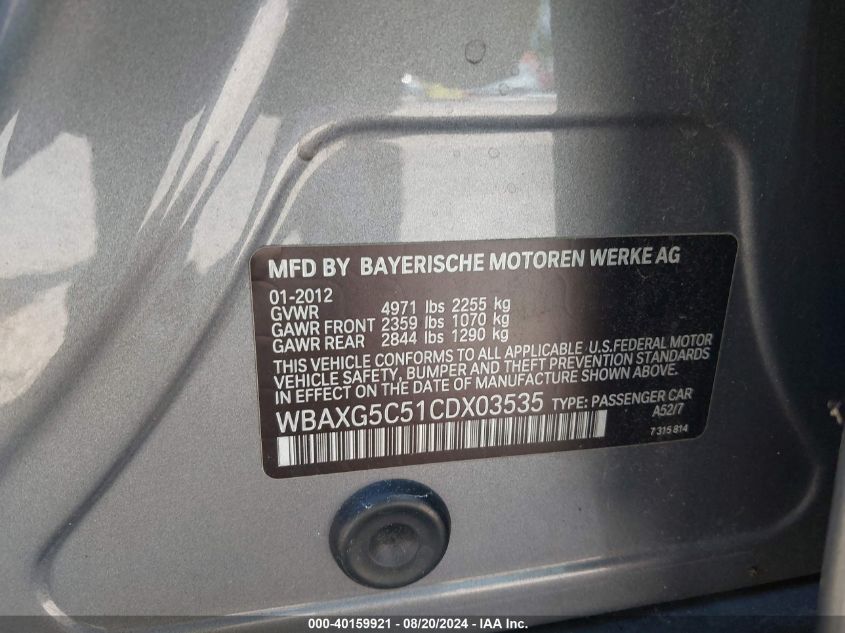 2012 BMW 528 VIN: WBAXG5C51CDX03535 Lot: 40159921