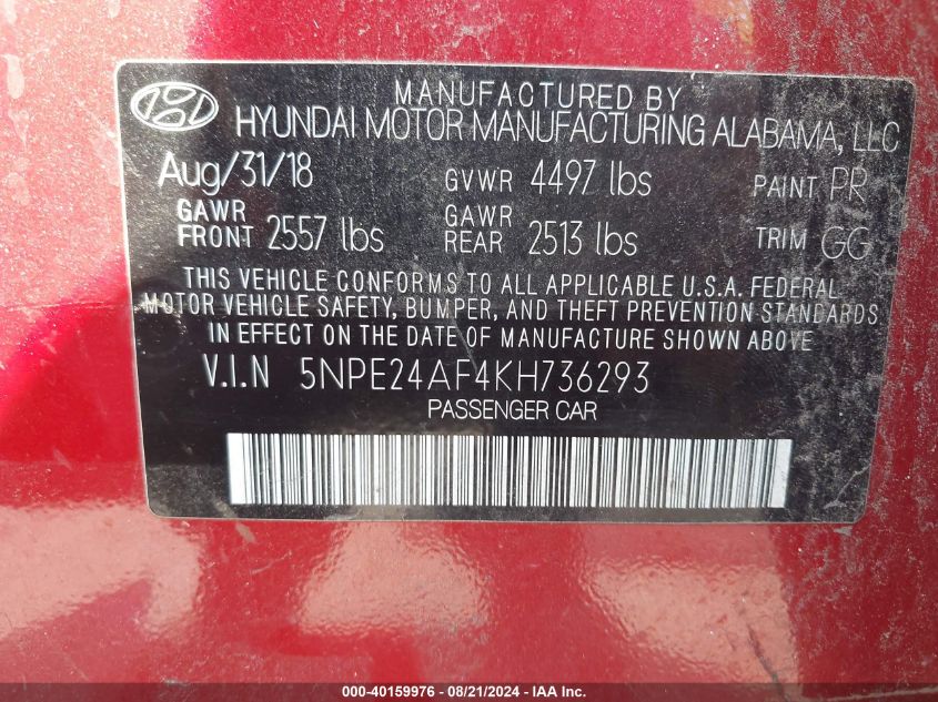 5NPE24AF4KH736293 2019 Hyundai Sonata Se