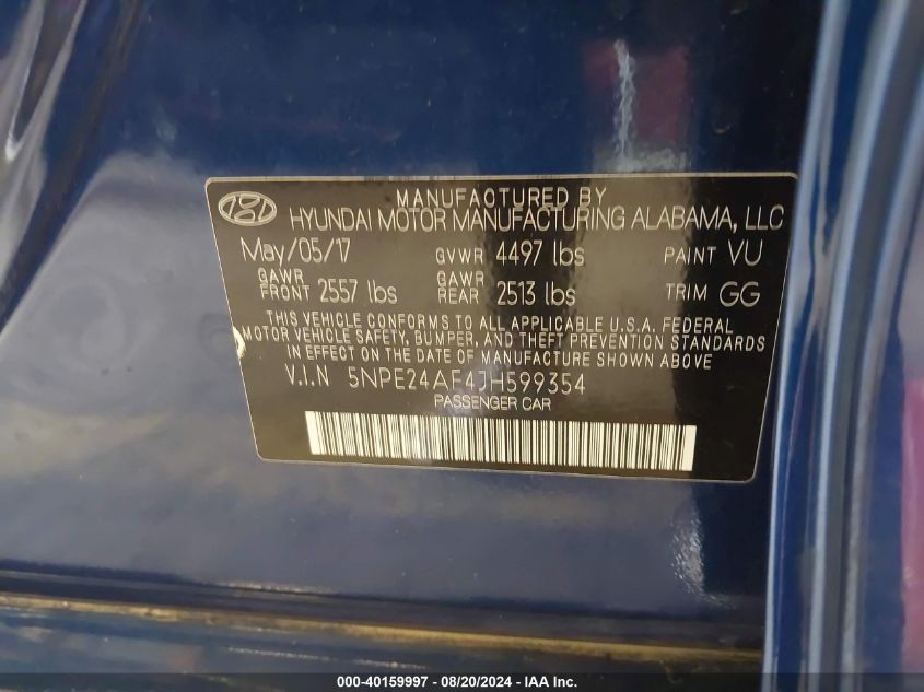 5NPE24AF4JH599354 2018 Hyundai Sonata Se