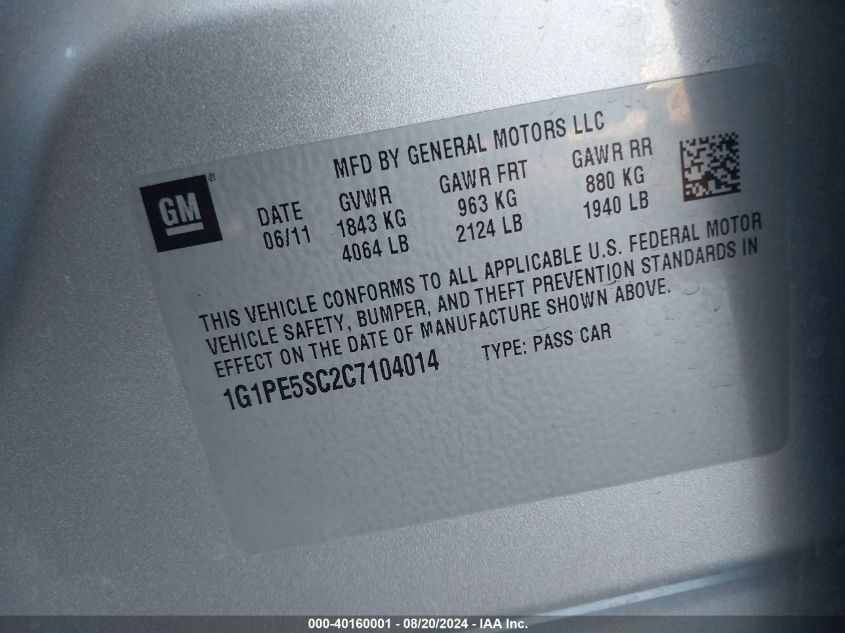 2012 Chevrolet Cruze Lt VIN: 1G1PE5SC2C7104014 Lot: 40160001
